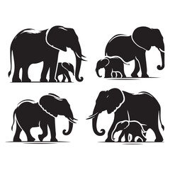 Fototapeta premium Set of elephant silhouettes isolated on a white background, Vector illustration.