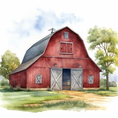 Obraz premium Charming Watercolor Illustration of a Red Barn in the Countryside