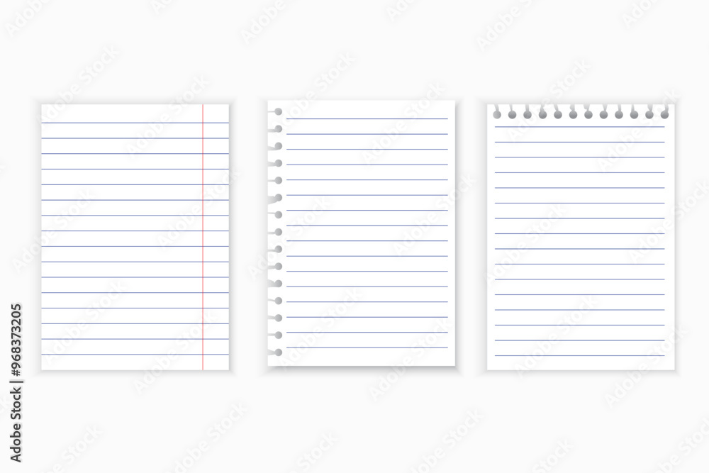 Poster lined paper sheets. torn notebook pages. horizontal blue and red lines. vector stationery set.