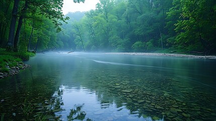 Serene riverside scene with lush greenery and misty atmosphere.