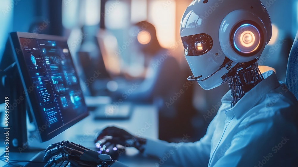 Poster a futuristic robot with a white helmet and glowing eyes works on a computer with a blue screen.