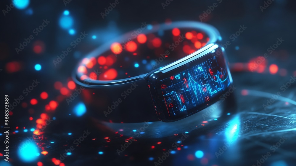 Poster a futuristic smartwatch with a heart rate monitor display on its screen, illuminated by blue and red