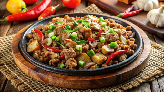 Sizzling pork sisig pairs crunchy pork rinds with saut&eacute;ed onions and chili peppers, served sizzling hot on a