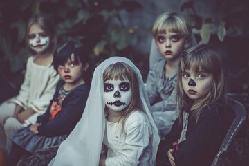 Obraz premium High-resolution photorealistic photograph of children dressed as ghosts and vampires, enjoying a fun Halloween night. The image offers generous copy space, styled like a high-end lifestyle magazine