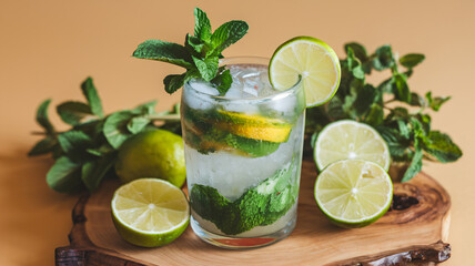 A refreshing mojito with fresh mint leaves and lime slices