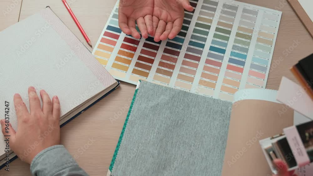 Poster hand closeup architect and interior designer presenting textile material and color from color palett