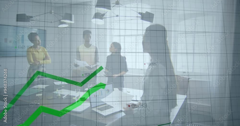 Wall mural Animation of data processing and diagrams over diverse colleagues talking in office