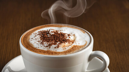 Obraz premium A steaming cup of cappuccino with frothy milk and a sprinkle of cocoa powder