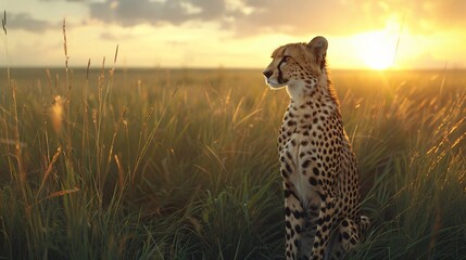Obraz premium Majestic Cheetah Prowling in Golden Grassland Sunset Landscape