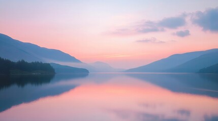 Fototapeta premium A pastel-colored sunset over the mountains with a calm lake reflecting the sky.