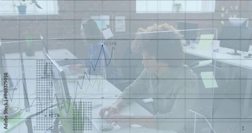 Poster animation of data processing and diagrams over diverse colleagues working in office