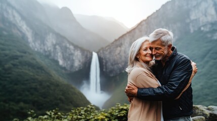 Naklejka premium High-resolution brightly lit photorealistic candid photograph of a senior couple embracing at the summit of a mountain, wide waterfall in the background. The photograph has a light, joyful feel,