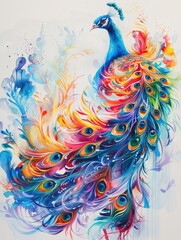 Obraz premium A colorful peacock with its head held high and its tail spread out