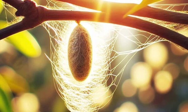 Silkworm nest or cocoon hanging on a tree