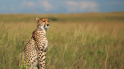 Naklejka premium Majestic Cheetah Sitting in Tall African Grassland Alert and Watchful