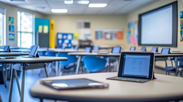 A laptop computer sits on a table in a classroom with a projector screen and blurred out students.