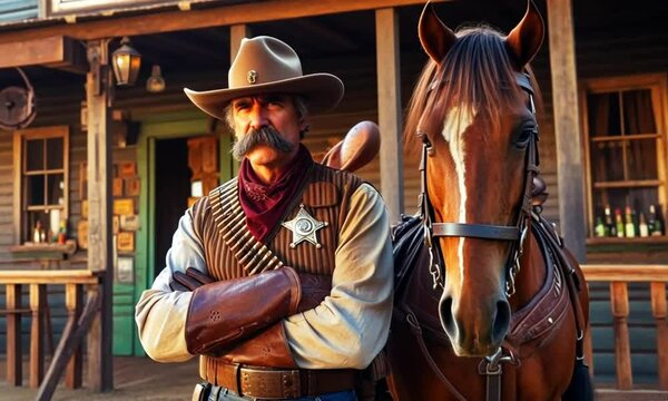 a sheriff and his horse were in front of a wooden building