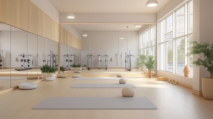 Modern yoga studio with natural light, calm atmosphere, and exercise equipment for wellness practices in a serene urban setting