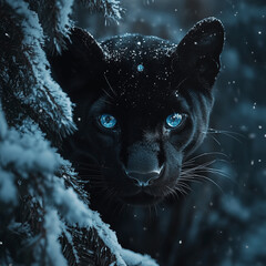 Black panther behind a snowy tree