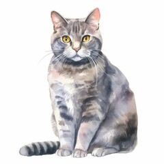 Fototapeta premium Watercolor Illustration of Grey Tabby Cat Sitting - Perfect for Pet Lovers, Artwork, and Home Decor