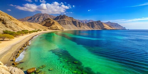 The Arabian Sea's calm waters caress the pristine beach in Oman, as the warm desert sun casts a