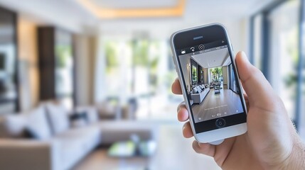 A hand holding a smartphone with a live view of a modern living room interior on the screen.