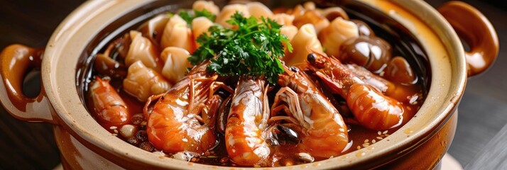 Premium Seafood Clay Pot Traditional Festive Dish with Large Prawns, Abalone, Oyster Mushrooms, and Scallops in Gravy Sauce Halal Menu Feature