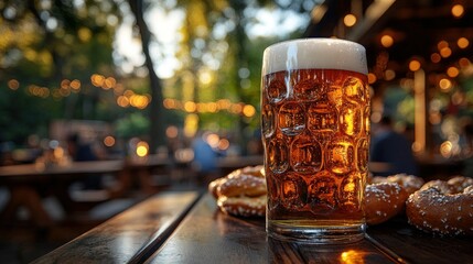 Authentic Oktoberfest Snack Platter with Pretzels and Sausages, Delicious Oktoberfest Feast Traditional Bavarian Snacks and Beer, Rustic Oktoberfest Table with Classic German Snacks and Drinks