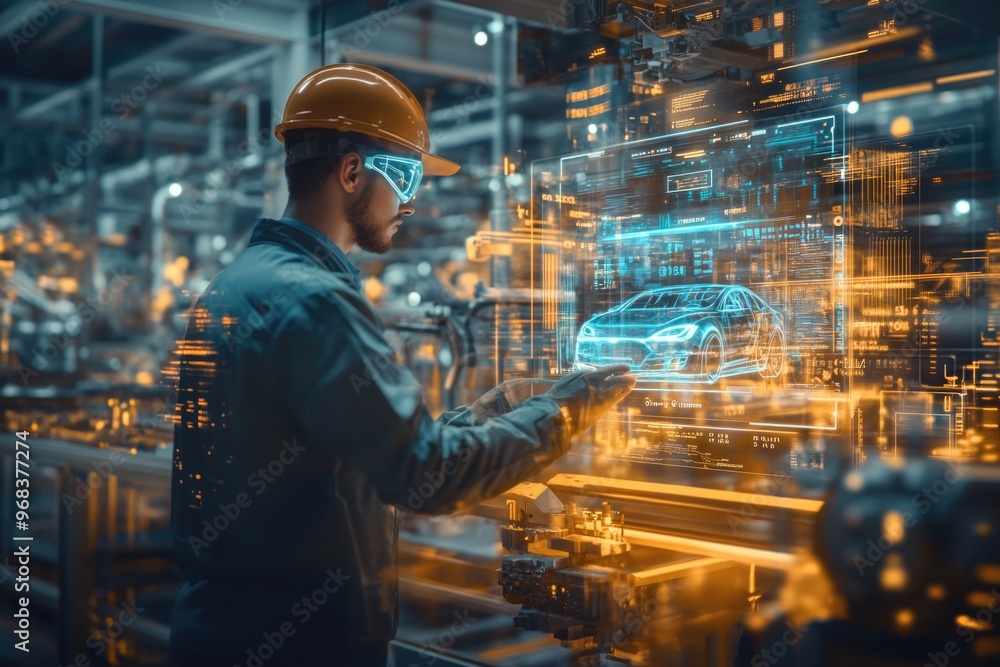 Aufkleber very realistic and photographic photo of an engineer operating a holographic display in a futuristic