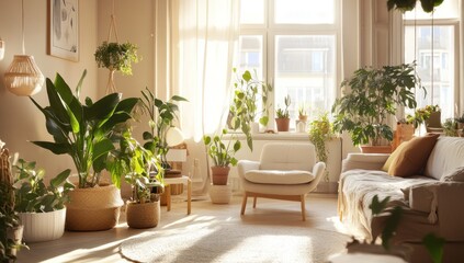 Obraz premium Sunlit Living Room with Lush Greenery