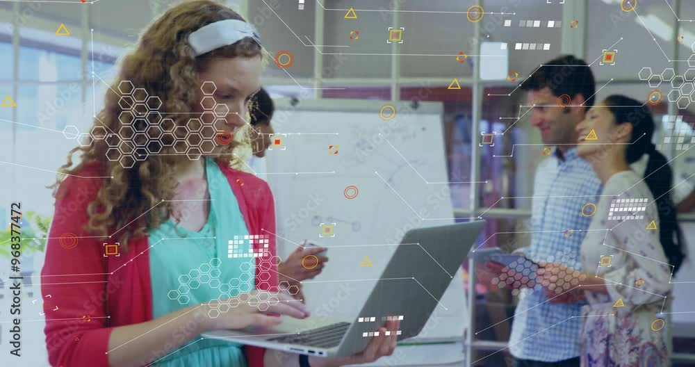 Poster animation of network of connections over diverse colleagues talking and using laptop in office