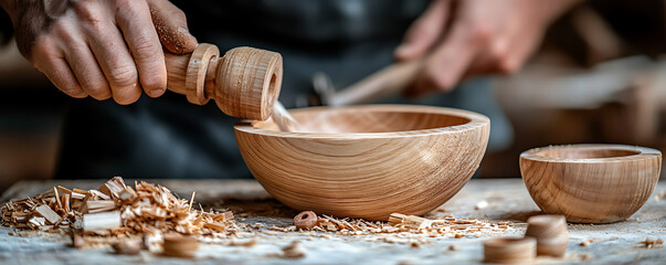 Close-up of a craftsman carving a wooden bowl with precision using hand tools. Detailed woodworking craftsmanship and attention to detail are visible.