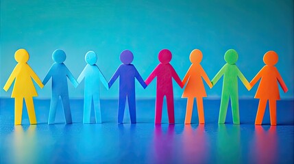Seven paper figures holding hands, different colors, blue background.