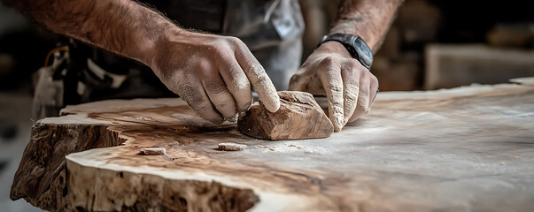 Close-up of craftsman hands smoothing wood surface with a sanding block, showcasing woodworking craftsmanship and detailed focus.