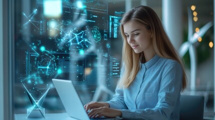 Very realistic and photographic photo of a young marketer analyzing market trends using a laptop and surrounded by a futuristic holographic display with wind turbine innovation data. The photo is