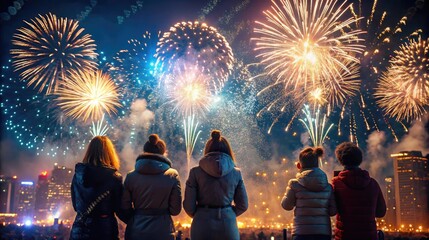 Family watching fireworks over city skyline. Happy New Year concept.