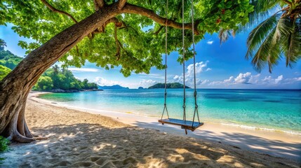 Title Tropical Beach with Tree Swing Ideal for promoting travel destinations, vacation getaways, summer holiday advertisements, relaxation retreats, naturethemed designs, and tropical backgrounds