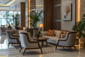 Fototapeta premium Four-star hotel lobby with tasteful decor and stylish furniture.