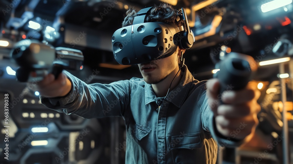 Poster a man wearing a virtual reality headset and holding two controllers in an immersive virtual reality 