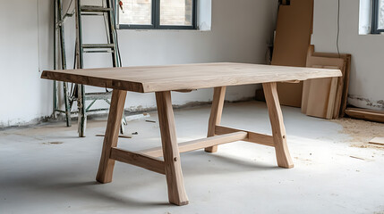 Modern rustic wooden table in an unfinished room with construction tools, highlighting craftsmanship and interior renovation.
