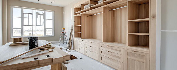 Modern walk-in closet installation in progress with wooden shelving, drawers, and natural light. Construction tools and materials in view.