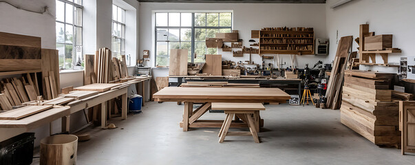 Spacious woodworking workshop with various tools, wooden materials, and workbenches. Suitable for craft, carpentry, and DIY projects.