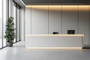 Modern front desk in a corporate office center with a minimalist style.
