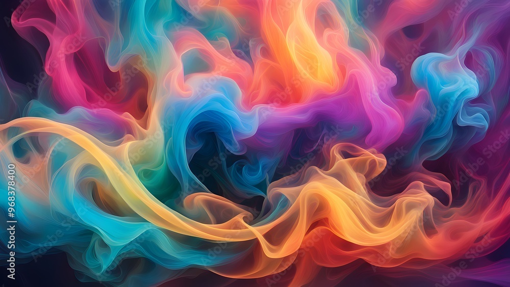 Wall mural Abstract colorful smoke swirls on a black background.