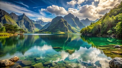 The serene lake mirrors the grandeur of the majestic mountain ranges that serve as the perfect backdrop to