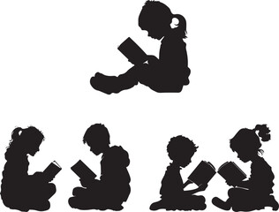 Silhouettes of children reading book, silhouettes icon