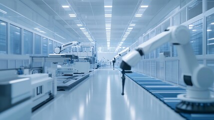 Obraz premium A long shot of a modern factory with white robotic arms and a long conveyor belt in the center.