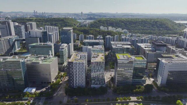 Drone View of Seoul city in South Korea, Sangam, broadcasting station, summer, 60fps
