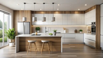 A sleek, modern kitchen with minimal cabinetry, a clean white countertop, and a few essential appliances, highlighting the simplicity and functionality of minimalist design.