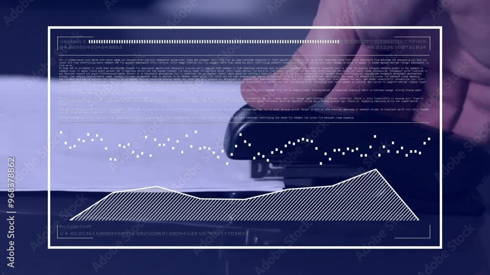 Poster animation of diagrams and data processing over caucasian man using stapler